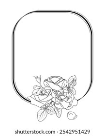 Rounded rectangle floral frame. Black outline silhouettes, wide open roses with buttons, leaves, and petal. Digital line illustration. Design element for print and digital design, Valentine s, wedding