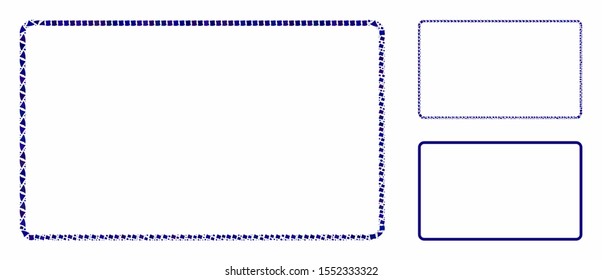 Rounded rectangle frame mosaic of uneven elements in different sizes and color hues, based on rounded rectangle frame icon. Vector trembly elements are combined into collage.