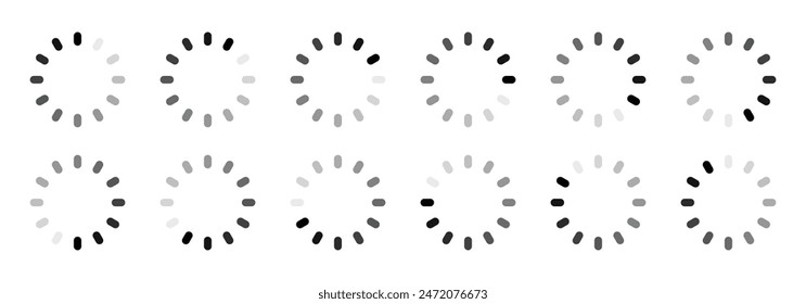 Rounded rectangle loading, buffering, processing, progressing symbols in 12 shades of black colour. Rectangular buffering icon set in twelve shades of black colour isolated on white background.