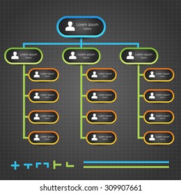 Rounded Rectangle Organization Chart Infographics, People Icon, Abstract Black Background, Business Structure Concept, Business Flowchart Work Process, Vector Illustration.