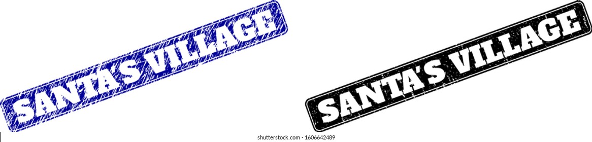 Rounded Rectangle SANTA'S VILLAGE stamps. Black and blue textured watermarks with SANTA'S VILLAGE message inside rounded rectangle with frame. Flat vector watermarks with corroded surfaces.