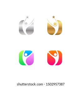 Rounded Rectangle shape or Letter O Logotypes with People Care and Happy Life logos, Sport and Fitness signs, Medical or Health care symbols, Star icons for your Business Success Life Coaching Concept