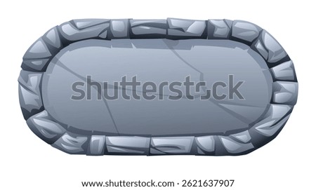 Rounded rectangle stone frame surrounded by jagged stone pieces, with a fractured surface in the middle. Stone banner element for game and web. Ui or gui design element. Vector cartoon illustration