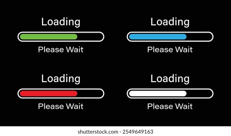 Rounded rectangular bar loading please wait symbol icon set in four different colors- Green, Blue, Red and White. Loading 70 percent please wait progress bar infographics isolated for dark mode.