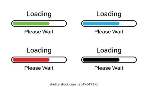 Rounded rectangular bar loading please wait symbol icon set in four different colors- Green, Blue, Red and Black. Loading 70 percent please wait progress bar infographics isolated on white background.