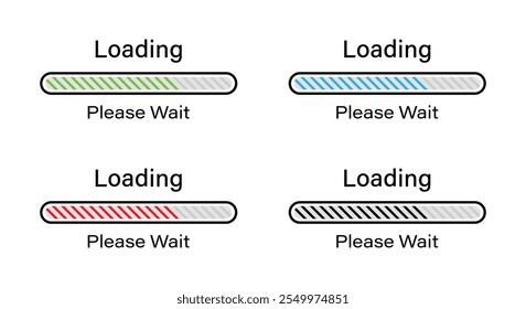 Rounded rectangular bar loading with tilted lines please wait symbol icon set in green, blue, red and black color. Loading 70 percent please wait progress bar infographics for light mode interface.