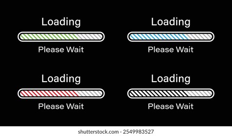 Rounded rectangular bar loading with tilted lines please wait symbol icon set in green, blue, red and black color. Loading 70 percent please wait progress bar infographics for dark mode interface.