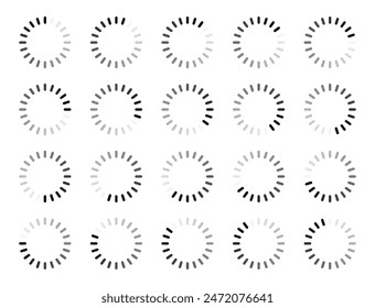 Rounded rectangular buffering symbol set in 20 shades of black colour. Rounded rectangle buffering, loading, processing and progressing indicator icon set isolated on white background.
