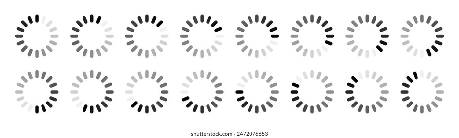 Rounded rectangular buffering symbol set in 16 shades of black colour. Rounded rectangle buffering, loading, processing and progressing indicator icon set isolated on white background.