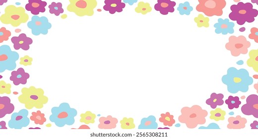 
Rounded rectangular frame with simple abstract multicolored flowers with copy spice. Vector flat graphics.