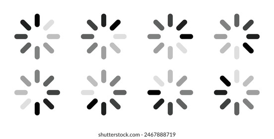 Rounded rectangular loading indicator buffering symbols with eight shaded of black. Internet download or upload buffering vector illustration isolated on white background.