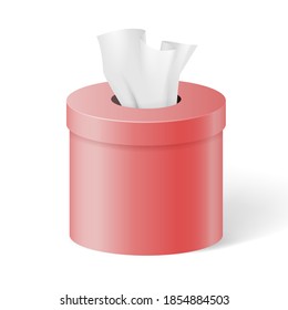 Rounded red box with paper napkins, tissues or handkerchiefs. Realistic mockup of red napkin box on white background. 3d rendering vector illustration