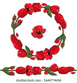 Rounded red tulips garland. Circle made out of red tulips. red tulips seamless brush. Floral elements for designing cards and invitations for 8 march