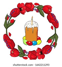 Rounded red tulips with lavander garland with Easter cake and eggs in the middle. Red tulips seamless brush. Elements for designing invitation cards for Happy Easter