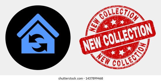 Rounded refresh house icon and New Collection seal stamp. Red rounded scratched seal stamp with New Collection text. Blue refresh house symbol on black circle.