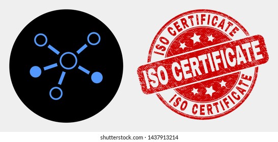 Rounded relations icon and ISO Certificate seal stamp. Red rounded textured seal stamp with ISO Certificate caption. Blue relations symbol on black circle.
