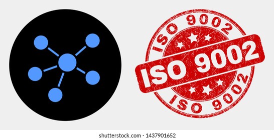 Rounded relations pictogram and ISO 9002 seal stamp. Red rounded scratched seal stamp with ISO 9002 text. Blue relations symbol on black circle. Vector combination for relations in flat style.