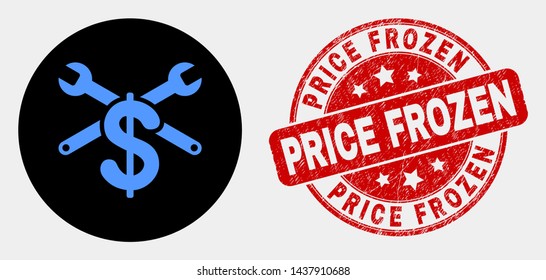 Rounded repair price pictogram and Price Frozen stamp. Red rounded distress stamp with Price Frozen caption. Blue repair price symbol on black circle.