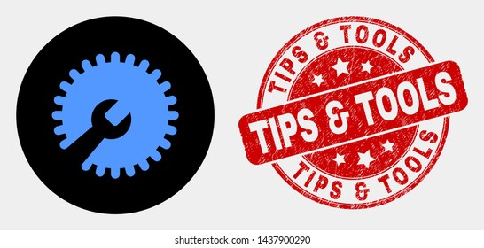 Rounded repair wrench icon and Tips & Tools watermark. Red rounded grunge watermark with Tips & Tools text. Blue repair wrench icon on black circle. Vector composition for repair wrench in flat style.