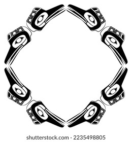 Rounded rhombus frame with totem raven heads. Ethnic bird mask. Native American animal design of Tlingit Indians. Black and white silhouette.