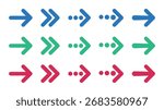 Rounded right arrows set. Blue, green and red colors. Next, enter, swipe, scroll button. Flat icon. Continue icon.