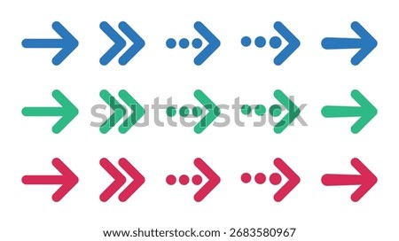 Rounded right arrows set. Blue, green and red colors. Next, enter, swipe, scroll button. Flat icon. Continue icon.
