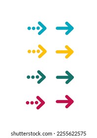 Rounded right arrows set with shadow effect. Flat icon isolated on white. Various colour aroow set. Continue icon. Next, enter, swipe, scroll button. East arrow. Vector image.