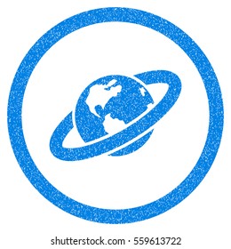 Rounded Ringed Planet rubber seal stamp watermark. Icon symbol inside circle with grunge design and unclean texture. Unclean vector blue sign.