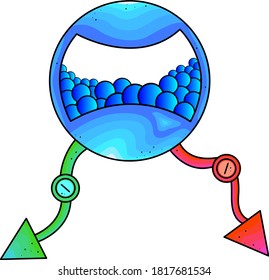 Rounded robot with red and green arrow.Robot with download button character concept vector art.