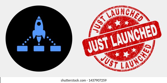 Rounded rocket links icon and Just Launched seal stamp. Red round distress seal stamp with Just Launched text. Blue rocket links icon on black circle.