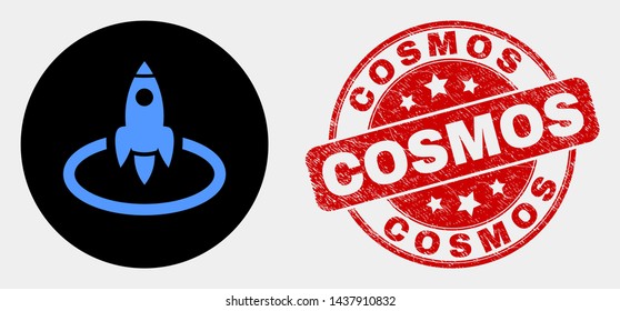 Rounded rocket start pictogram and Cosmos seal stamp. Red rounded scratched seal stamp with Cosmos caption. Blue rocket start symbol on black circle. Vector composition for rocket start in flat style.