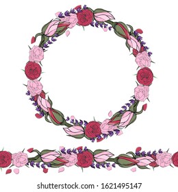 Rounded roses garland with red and ping roses with lavander branch. Circle made out of roses. Roses and lavander seamless brush. Floral elements for designing cards and invitations