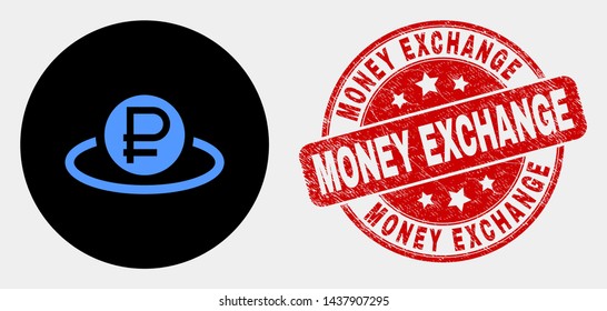 Rounded rouble area icon and Money Exchange seal stamp. Red round scratched seal stamp with Money Exchange text. Blue rouble area icon on black circle.