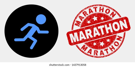 Rounded running boy icon and Marathon seal. Red rounded textured seal with Marathon text. Blue running boy icon on black circle. Vector composition for running boy in flat style.