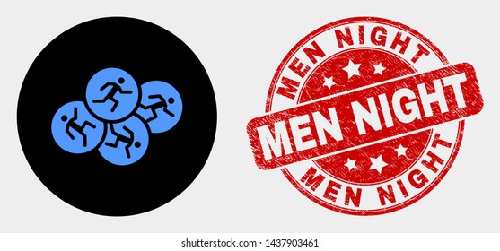 Rounded running persons icon and Men Night seal stamp. Red rounded distress seal with Men Night caption. Blue running persons icon on black circle.
