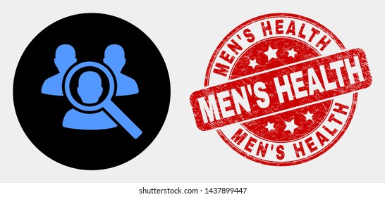 Rounded search people pictogram and Men'S Health seal stamp. Red rounded scratched seal stamp with Men'S Health text. Blue search people symbol on black circle.
