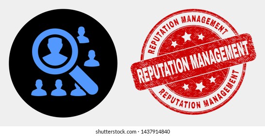 Rounded search users icon and Reputation Management stamp. Red rounded textured watermark with Reputation Management caption. Blue search users icon on black circle.