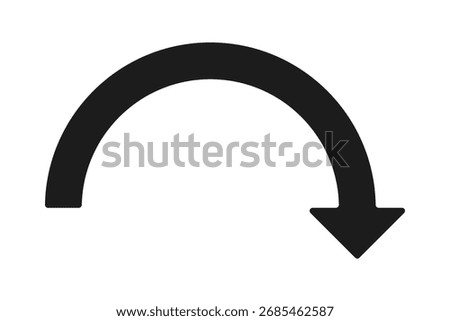 Rounded semicircle curved downward arrow icon. A semicircular direction symbol with round corners. Isolated on a white background.