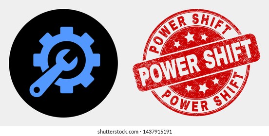 Rounded service tools icon and Power Shift seal stamp. Red rounded grunge seal stamp with Power Shift caption. Blue service tools icon on black circle.