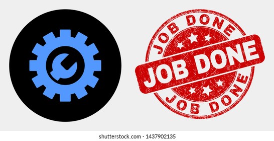 Rounded setup tools pictogram and Job Done seal. Red rounded grunge seal stamp with Job Done text. Blue setup tools symbol on black circle. Vector combination for setup tools in flat style.