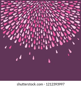 Rounded shape made of uneven pink, rose, magenta drops, droplets, raindrops, tears of various size. Radial magic template for borders, frames, design element. Valentine day background, space for text.