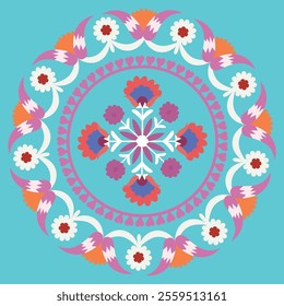 Rounded shape oriental pattern based on suzani carpet elements. Uzbekistan patterns and ornaments. 