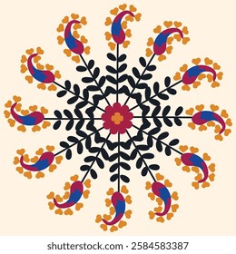 Rounded shape oriental pattern based on suzani carpet elements. Uzbekistan patterns and ornaments. 