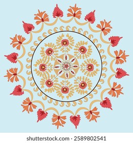 Rounded shape oriental pattern based on suzani carpet elements. Uzbekistan patterns and ornaments.