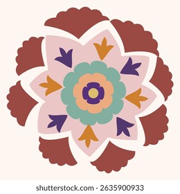 Rounded shape oriental pattern based on suzani carpet elements. Uzbekistan patterns and ornaments. 