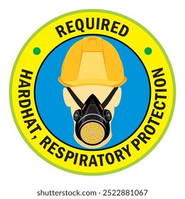 Rounded shape of sticker and label design of required for wearing personal protective equipment. Hardhat and respiratory safety gear.