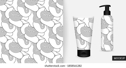 Rounded shapes seamless pattern. Geometric freehand pattern. Black and white circles background. Vector illustration. Repeating texture. Elegant ornament. Design fabric, paper, wallpaper. Mockup.