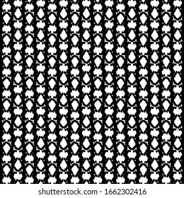 Rounded shapes, slightly flattened or tapered, arranged alternately on vertical rows. Decorative pattern in black and white. Abstract knit  background.