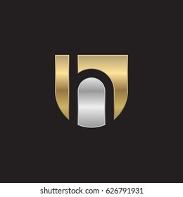 rounded shield shape h logo, Initial logo uh, hu, h inside u letter, negative space logo gold silver