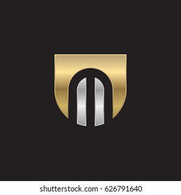 rounded shield shape m logo, Initial logo um, mu, m inside u letter, negative space logo gold silver